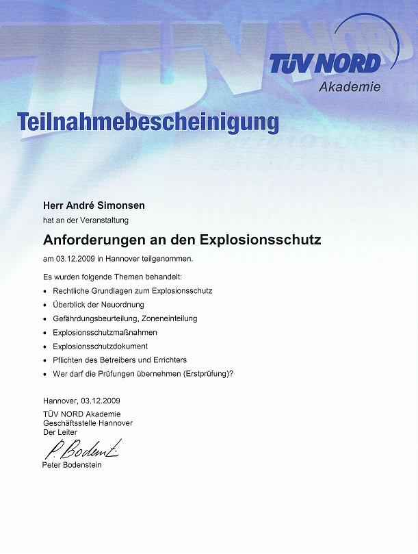Zertifikat Anforderung an den Explosionsschutz